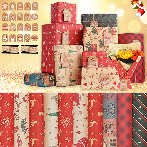 Papel de Regalo Navidad Infantil 70 x 50 cm 10 Hojas, Papel Envolver Regalo con 20 Etiquetas Regalo e 2 Cuerda de Yute, Papel Regalo Navidad Papel Kraft Rojo para Navidad, Cumpleaños